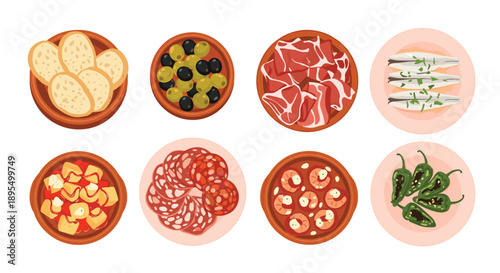 Top View of Eight Different Spanish Tapas Dishes with Ham Olives Bread and Peppers