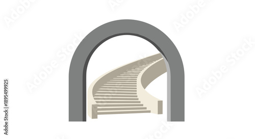 Illustration of a Grey Stone Archway with a Curved Staircase Leading Upwards