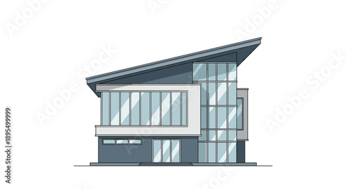 Modern Two Story House Illustration with Large Glass Windows and Sloped Roof