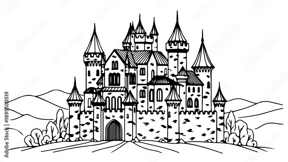 Obraz premium A medieval castle with towers and a moat, illustrated in a flat, minimal style