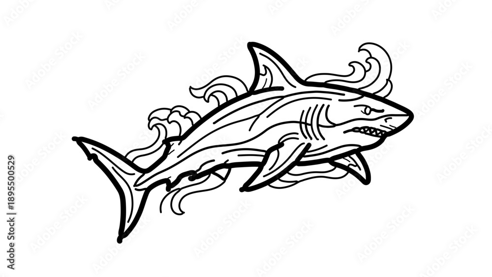 Obraz premium A minimalist black and white vector illustration of a shark swimming through waves