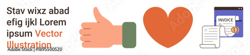 Business approvals, online payments, invoicing, financial transactions, paperwork, digital tools. A thumbs-up, heart invoice and document icons. Business approvals and online payments concepts