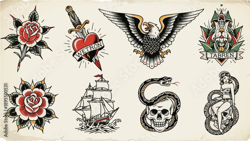 A collection of traditional tattoo designs including roses, hearts, and skulls in a classic American style