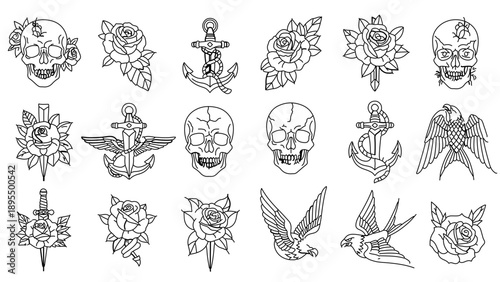 A collection of 20 unique tattoo designs featuring skulls, roses, birds, and other traditional tattoo motifs in a minimalist line art style