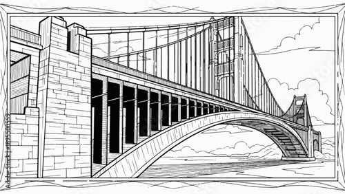 A black and white vector illustration of a suspension bridge with a stone base and arched roadway