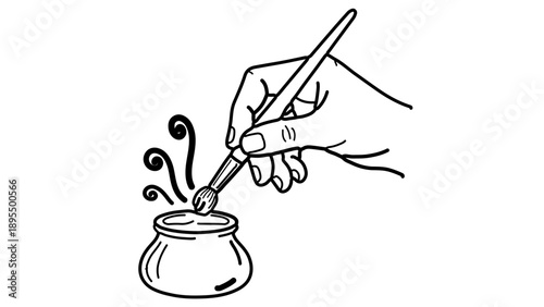 A hand holding a calligraphy pen and dipping it into an inkwell in a minimalist line art style