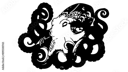 A black and white vector graphic illustration of Medusa's head with snakes for hair
