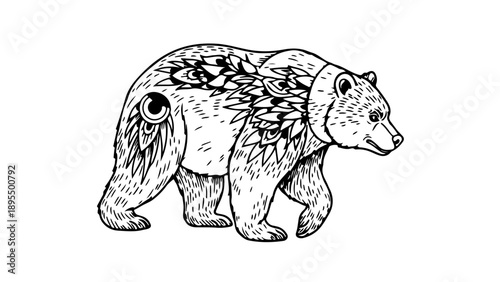 A black and white vector illustration of a bear with a unique feathered back design