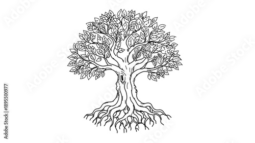 A detailed vector illustration of a tree with sprawling roots and branches