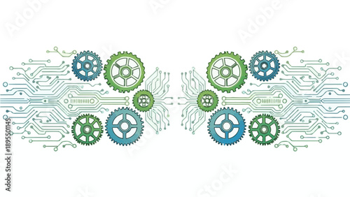 A vector graphic illustration of interconnected gears and circuits in a modern design