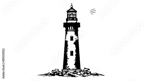 A minimalist black and white vector illustration of a lighthouse standing on rocky shores