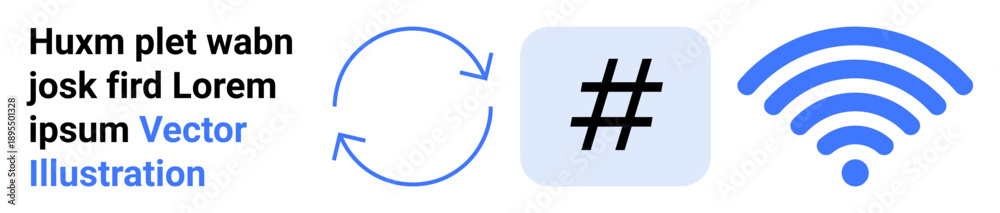Obraz premium Circular arrows, metadata tag, and wireless signals in blue tones representing connectivity, social media, networking, communication, updates, technology trends, and a simple landing page