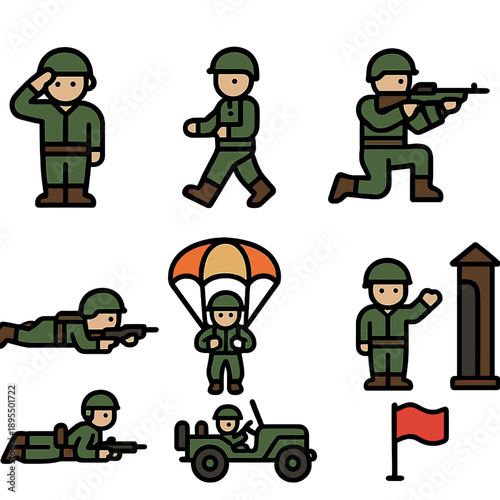 Cartoon military icons set featuring soldiers, jeep, and parachute