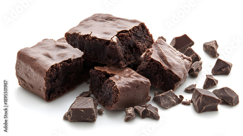 Stack of homemade chocolate brownies with broken chocolate pieces isolated on white background. Delicious sweet dessert.
