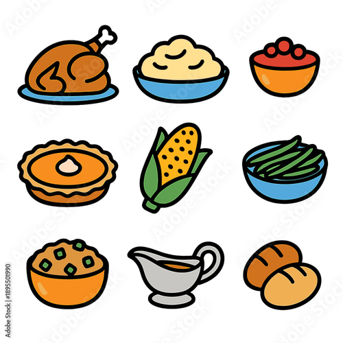 Thanksgiving feast icons: turkey, mashed potatoes, pie, corn, green beans