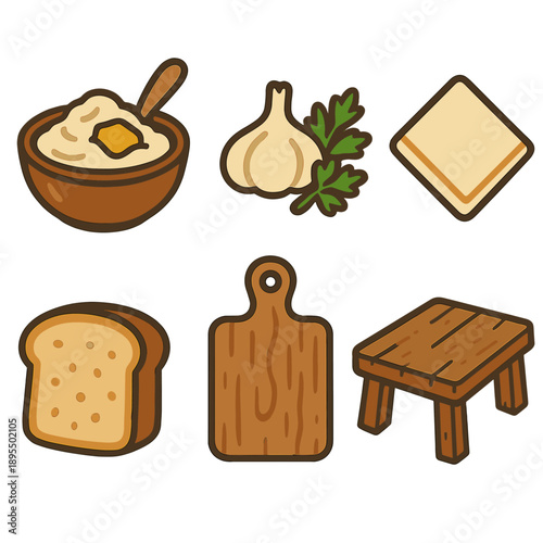 Rustic cooking elements: mashed potatoes, garlic, bread, and kitchen tools