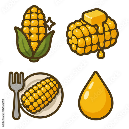 Cartoon corn icons featuring butter, cob, kernel, and oil variations