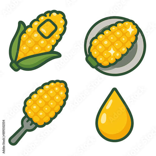 Cartoon corn icons featuring cob, leaf, and oil elements on green background
