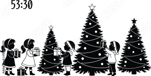 Children decorating Christmas trees, festive gift exchange, winter clothing, holiday celebration, joyful scene, black and white silhouette illustration