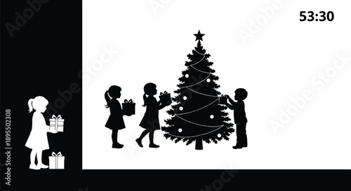Children decorating Christmas tree, festive gift exchange, winter clothing, holiday celebration, joyful scene, black and white silhouette illustration