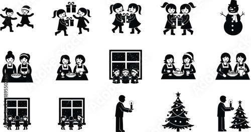 Christmas activity icon set, children gifting and baking, snowman, tree decorating, black and white festive silhouette illustration