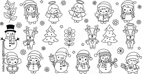Christmas cartoon illustration, angels, reindeer, snowmen, children in winter clothes, decorated trees, festive elements, black and white, holiday celebration