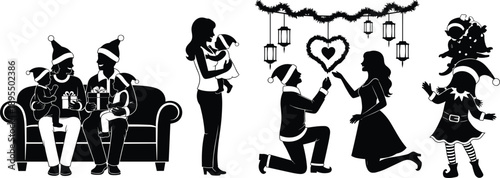 Christmas celebration silhouette, family gift exchange, romantic proposal scene, playful children, festive costumes, holiday love, black and white illustration