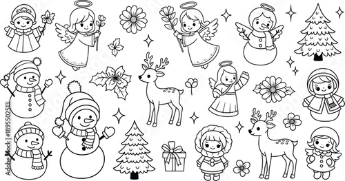 Christmas line drawing, snowmen, angels, reindeer, children in winter clothes, decorated tree, gift box, stars, festive cartoon, black and white