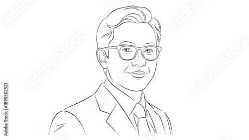 Line drawing portrait of a smiling businessman in a suit and glasses.