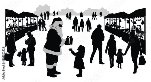 Christmas market scene, winter holiday celebration, Santa Claus giving gift, festive crowd, silhouette illustration, seasonal joy, family shopping, decorated stalls