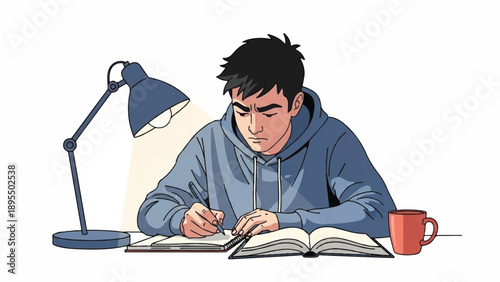 Young student focused on writing in a notebook at a desk with a lamp and mug.