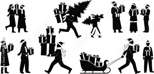 Christmas silhouette illustration, people exchanging gifts, festive activity, winter clothing, Santa hats, sleigh, presents, holiday celebration, black and white
