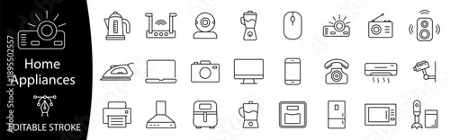 Household appliances line icon. Computer monitor, web camera, air conditioner, refrigerator, dishwasher outline vector illustration.  Electronic equipment, cooking, entertainment, body care.