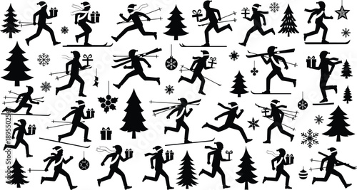 Christmas silhouette pattern, skiing figures, running with gifts, festive winter attire, snowflakes, ornaments, trees, stars, black and white illustration