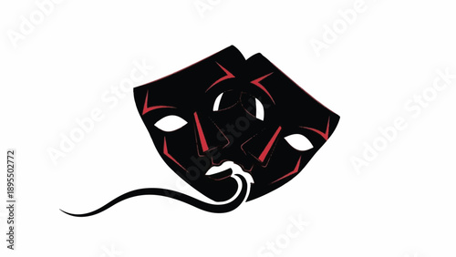 Stylized black masquerade mask with red eyes and decorative details in a dramatic illustration.