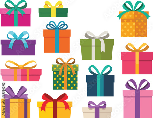 Fifteen colorful gift boxes, festive wrapping, birthday presents, holiday packaging, cheerful ribbons, vibrant design, celebration theme, party decoration, surprise elements