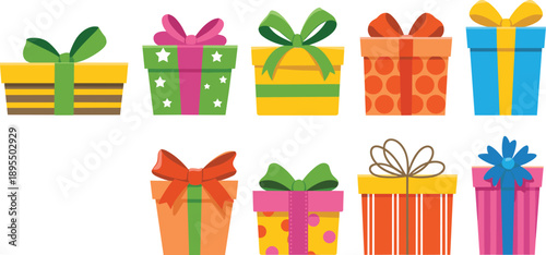 Eight colorful gift boxes, festive wrapping, holiday packaging, birthday presents, cheerful ribbons, vibrant patterns, celebration theme, party decoration, surprise elements