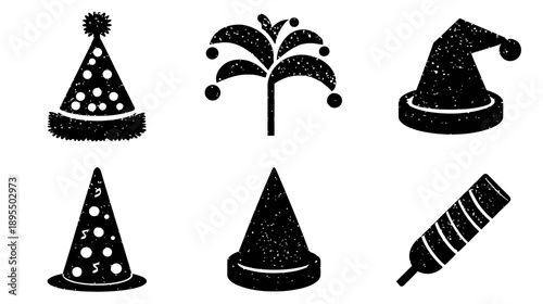 Distressed black silhouette party hats and celebration items vector icon set for festive occasions, birthdays, and carnival events.