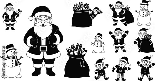 Santa Claus and elves illustration, festive Christmas characters, snowmen, gift bags, black and white holiday cartoon set, seasonal icons
