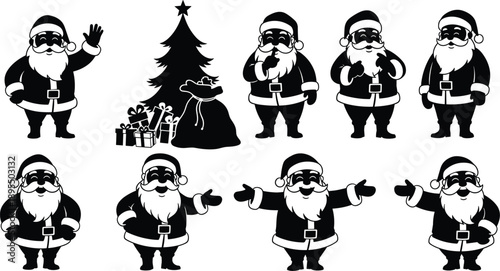 Santa Claus cartoon illustration, festive poses, Christmas tree, gift boxes, holiday activity, black and white, cheerful scene, seasonal celebration