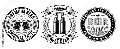 Vintage style vector emblems for a brewery and pub, Classic Brewery Badges, Retro Beer Label, Vintage Beer Label Vector Collection, Traditional Emblems for Premium Alcohol Branding