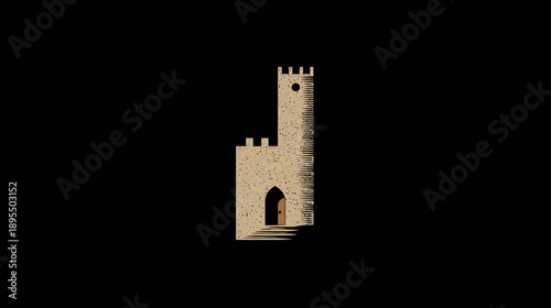 Detailed stone castle tower with archway and battlements, medieval fort architecture isolated on black background.