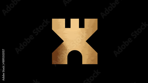 Luxurious golden abstract castle turret icon on black background, symbolizing strength, security, strategy, and power. Elegant metallic gold fortress graphic design.