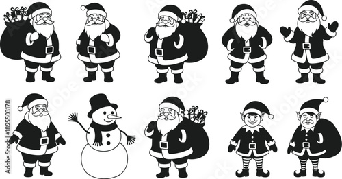 Santa Claus character set, festive cartoon poses, elves and snowman icons, black and white Christmas illustration, holiday silhouette collection