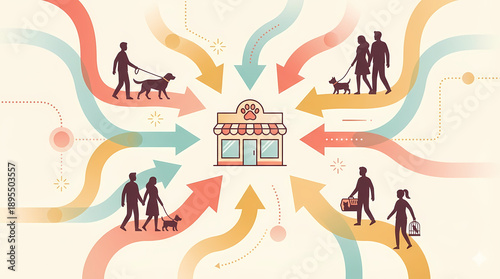 Digital illustration of pets and their owners walking to a pet shop - Ilustração digital de pets e tutores caminhando até um pet shop