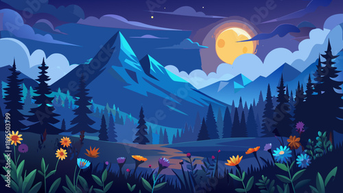 Very beautiful dark evening landscape featuring mountain silhouettes beneath a glowing full moon, with summer flowers and forest trees illuminated by deep blue clouds, creating a dramatic and atmosphe
