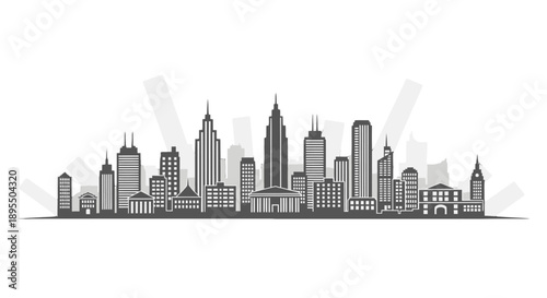 City skyline illustration with various architectural styles and skyscrapers.