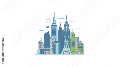 Stylized cityscape with modern skyscrapers and urban landscape.