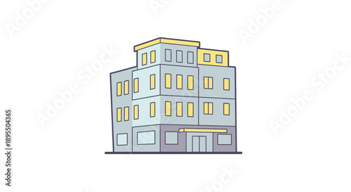 Simple illustration of a modern three-story building with gray and yellow facade.