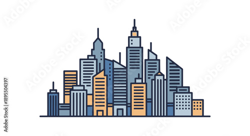 Cityscape with modern skyscrapers and urban buildings.